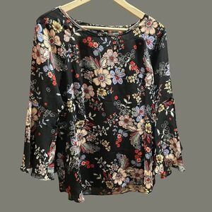 Zac & Rachel S‎ Blue Floral Boho Top Round Neck 3/4 Bell Sleeves Size Small